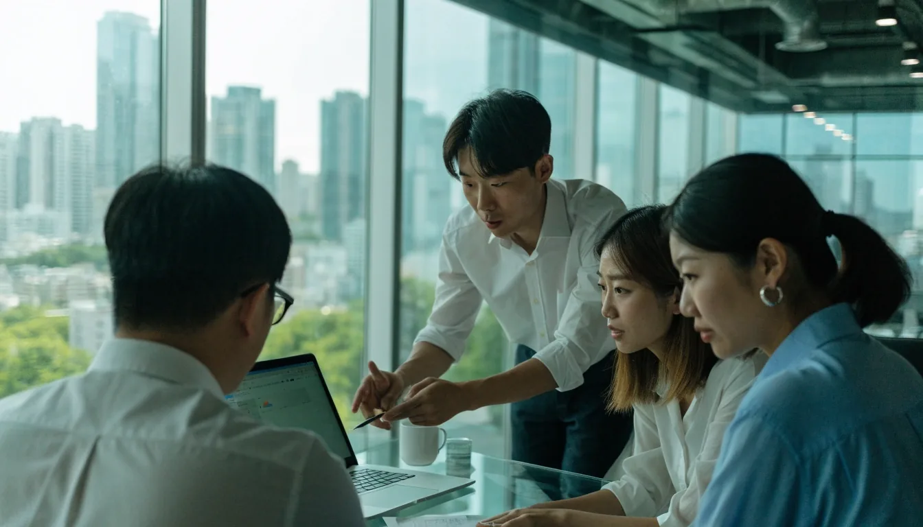 부산 사무실에서 팀이 AI 도구 도입 조건을 함께 검토하는 회의 장면